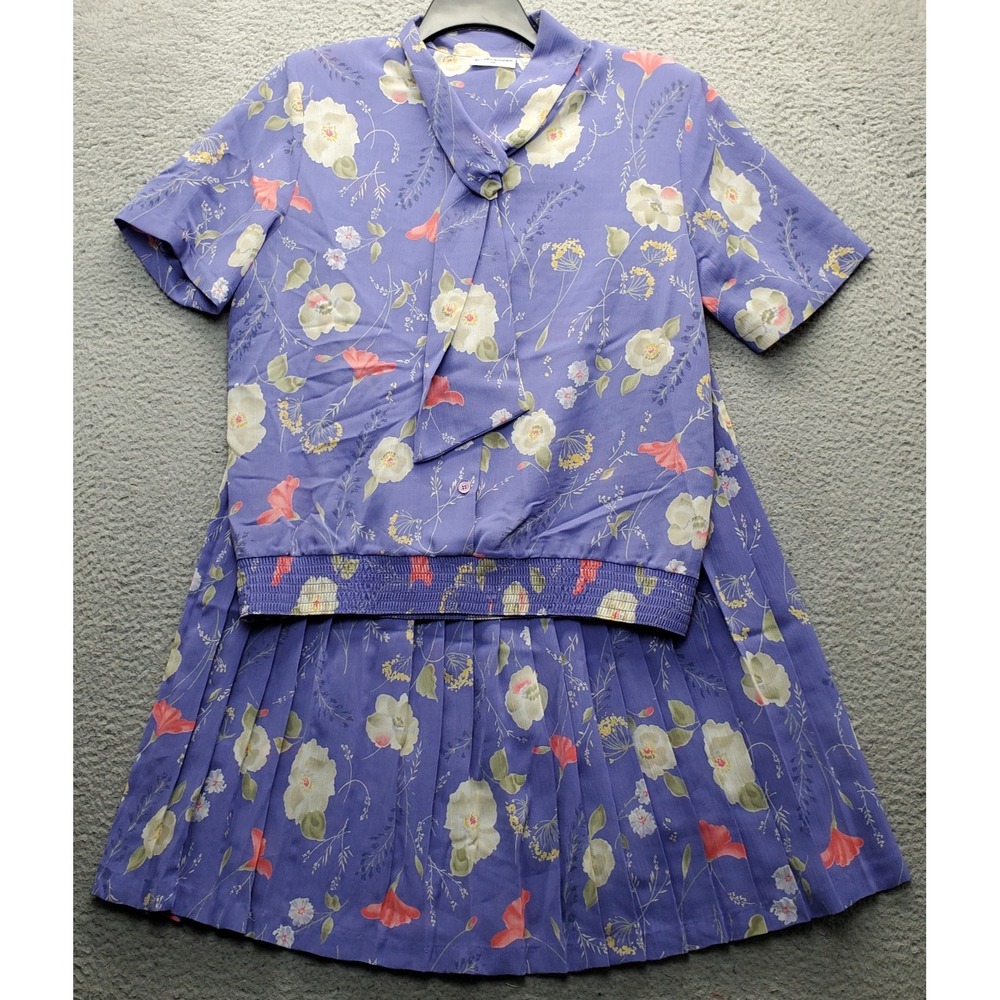 Alfred Dunner 2 Piece Set Blouse & Skirt Womens 14 Multi Floral Tie Front EUC